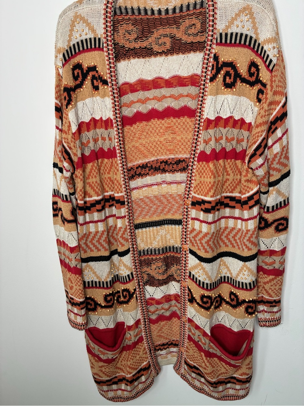 Dana Buchman Open-Front Geometric Knit Cardigan in Tan, Red & Black